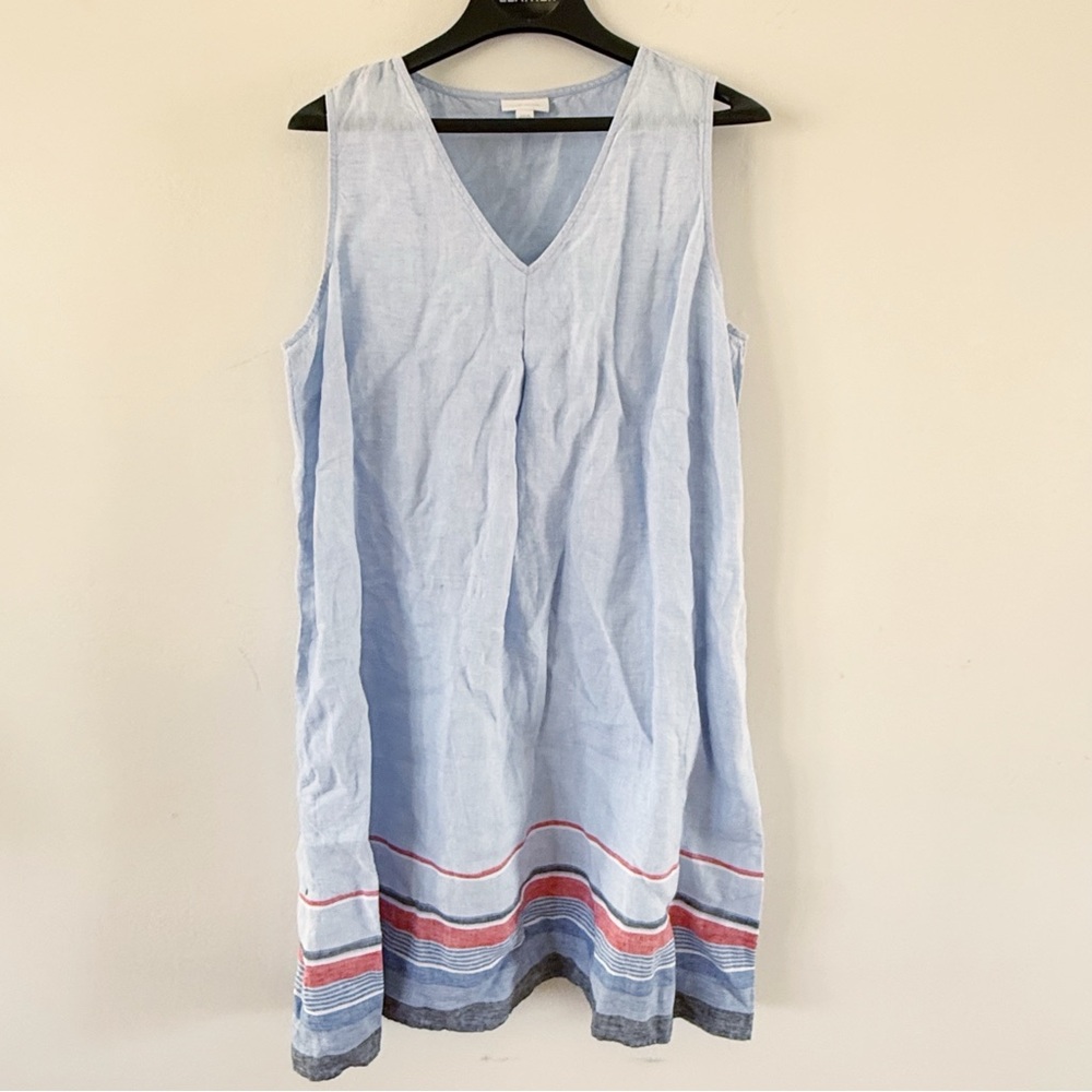 J Jill Women Love Linen Stripe Sleeveless Shift Dress Large Preppy Modest Mature